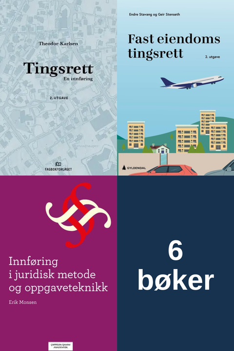 Bokpakke UiB Rettsvitenskap 2. semester – Tingsrett en innføring, Fast eiendoms tingsrett, Innføring i juridisk metode og oppgaveteknikk, og seks bøker i alt