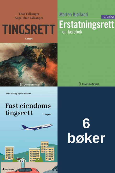 Bokpakke Universitetet i Innlandet Rettsvitenskap 2. semester – Tingsrett, Erstatningsrett en lærebok, Fast eiendoms tingsrett, og seks bøker i alt