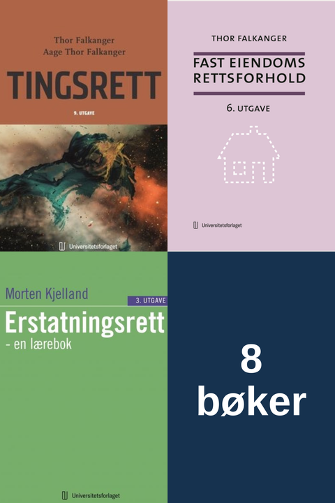 Bokpakke BI Rettsvitenskap 2. semester – Tingsrett, Fast eiendoms rettsforhold, Erstatningsrett en lærebok, og åtte bøker i alt