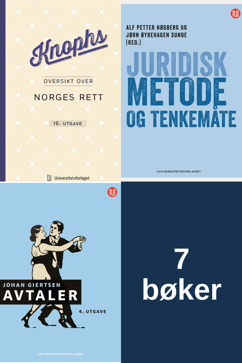 Bokpakke Universitetet i Innlandet Rettsvitenskap 1. semester – Knophs oversikt over Norges rett, Juridisk metode og tenkemåte, Avtaler, og sju bøker i alt
