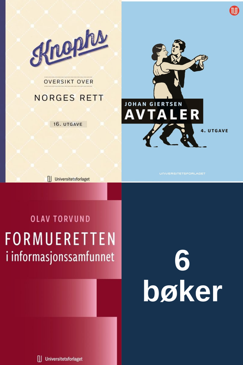 Bokpakke UiB Rettsvitenskap 1. semester – Knophs oversikt over Norges rett, Avtaler, Formueretten i informasjonssamfunnet, og seks bøker i alt