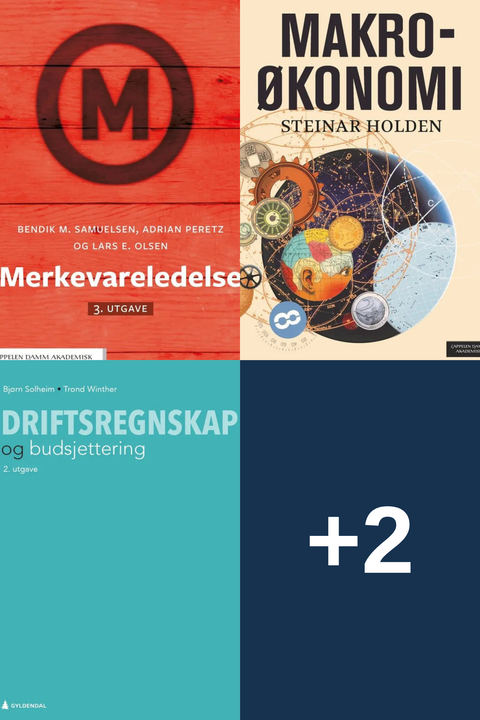 Bokpakke USN Forretningsjus og økonomi 6. semester (ledelse) – Merkevareledelse, Makroøkonomi, Driftsregnskap og budsjettering, og to bøker til