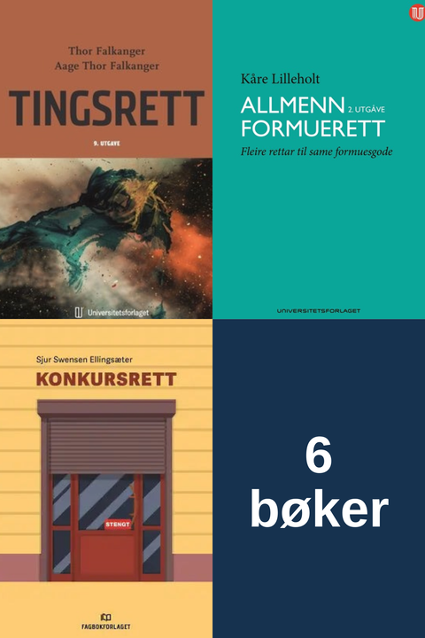 Bokpakke BI Rettsvitenskap 6. semester – Tingsrett, Allmenn formuerett, Konkursrett, og seks bøker i alt