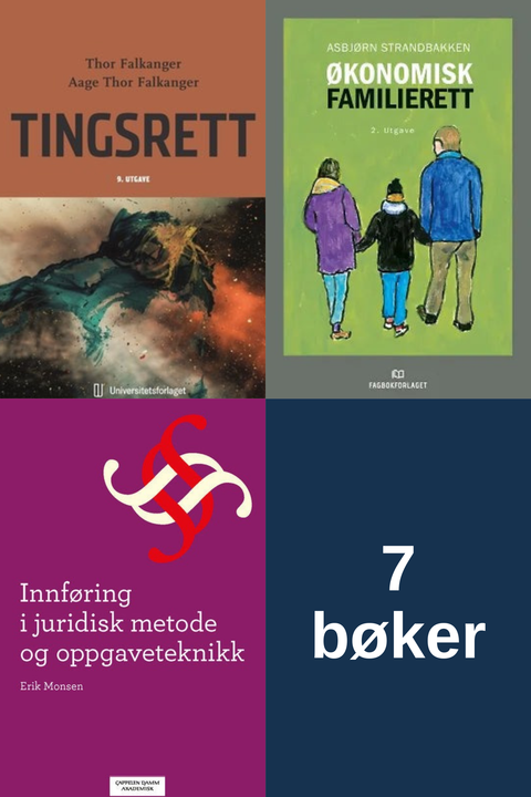 Bokpakke UiA Rettsvitenskap 2. semester – Tingsrett, Økonomisk familierett, Innføring i juridisk metode og oppgaveteknikk, og sju bøker i alt