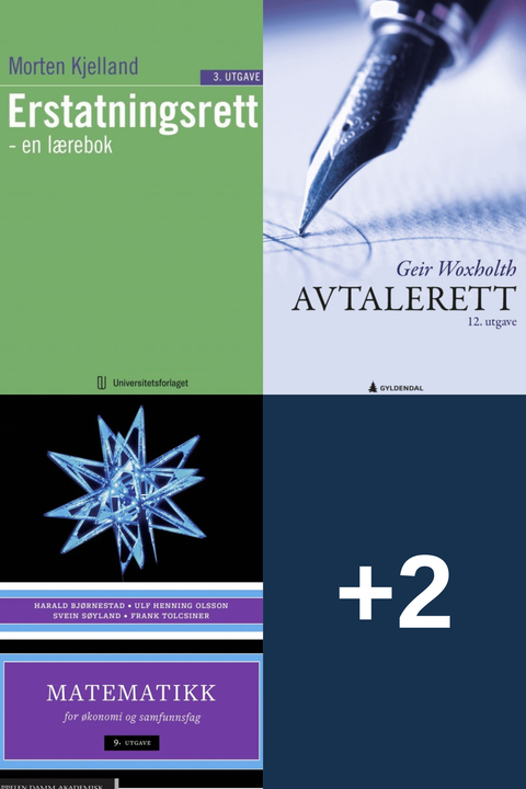 Bokpakke USN Forretningsjus og økonomi 1. semester – Erstatningsrett en lærebok, Avtalerett, Matematikk for økonomi og samfunnsfag, og to bøker til
