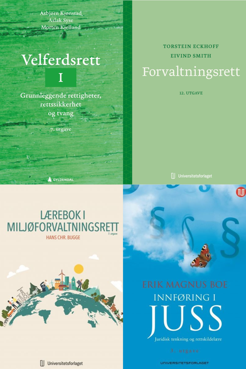 Bokpakke Universitetet i Innlandet Rettsvitenskap 4. semester – Velferdsrett I, Forvaltningsrett, Lærebok i miljøforvaltningsrett, og Innføring i juss