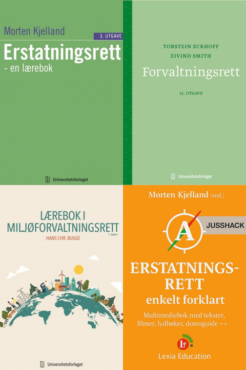 Bokpakke UiA Rettsvitenskap 5. semester – Erstatningsrett en lærebok, Forvaltningsrett, Lærebok i miljøforvaltningsrett, og Erstatningsrett enkelt forklart