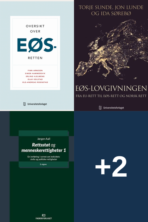 Bokpakke Universitetet i Innlandet Rettsvitenskap 3. semester – Oversikt over EØS-retten, EØS-lovgivningen, Rettsstat og menneskerettigheter 1, og to bøker til