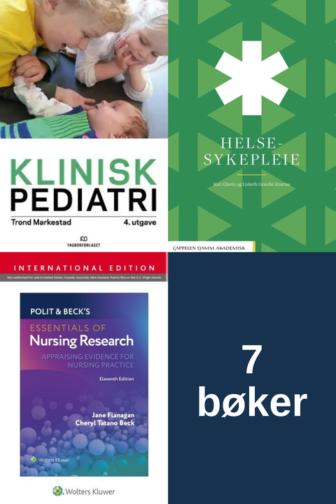 Bokpakke UiA Helsesykepleie 2. semester – Klinisk pediatri, Helsesykepleie, Polit & Beck's Essentials of Nursing Research, og sju bøker i alt